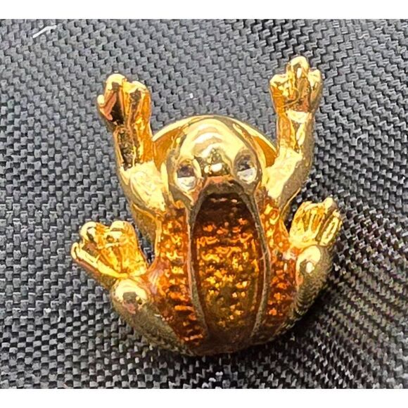 Frog & Lily Pad Enamel Brooch Pin Set Gold Tone Lapel Accessory Green & Orange J - Picture 5 of 7